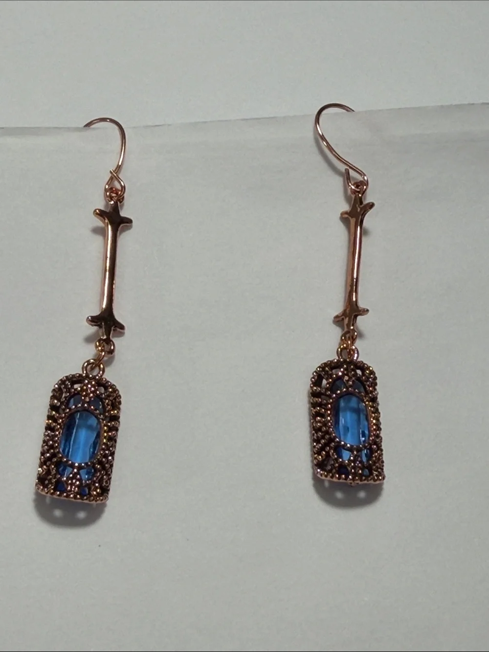 Blue Crystal Drop Earrings in Rose Gold Tone